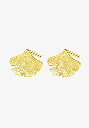 Boucles d'oreilles en forme de feuille de ginkgo dorée avec un design texturé et un motif de surface détaillé. Chaque boucle d'oreille a une forme organique unique.