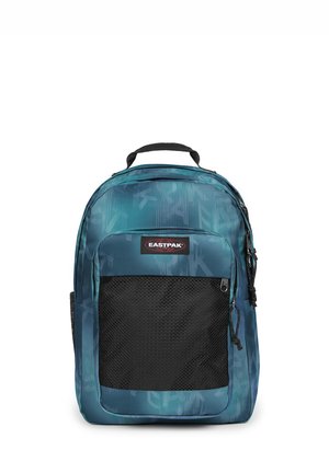 Niebiesko-czarny plecak Eastpak z dużą siatkową przednią kieszenią, górnym uchwytem i widocznym logo marki na przednim panelu.