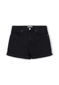 Shorts in denim nero con vita alta, orli arrotolati, design a cinque tasche e dettagli in metallo sui bottoni. Texture liscia con minimo sbiadimento.