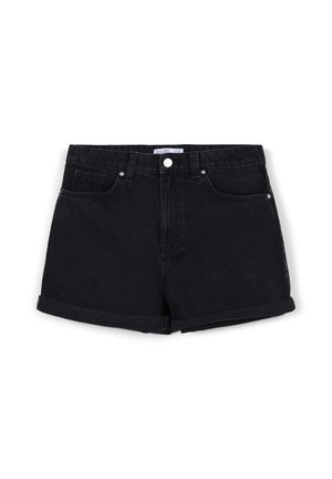 Schwarze Denim-Shorts mit hoher Taille, aufgerolltem Saum, Fünf-Taschen-Design und Metallknopf-Akzenten. Glatte Textur mit minimaler Verwaschung.