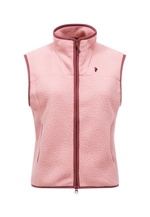 Veste polaire sans manches rose avec col montant, fermeture éclair intégrale à l’avant et finitions bordeaux le long des bords et de la fermeture éclair.