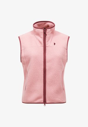 Veste polaire sans manches rose avec col montant, fermeture éclair intégrale à l’avant et finitions bordeaux le long des bords et de la fermeture éclair.