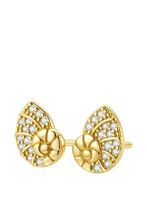 Gold-tone earrings featuring a floral design with circular accents, embellished with clear crystals and textured surfaces.