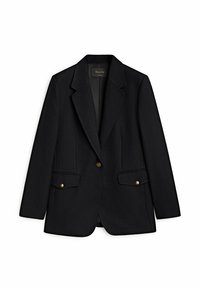 Blazer noir ajusté avec revers crantés, fermeture par un bouton et deux poches avant à rabat avec boutons dorés.