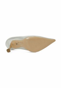 Puntige hoge hakken in zilveren leer met een gladde structuur. Heeft een lichte zool en een kleine rechthoekige metallic hakaccent.