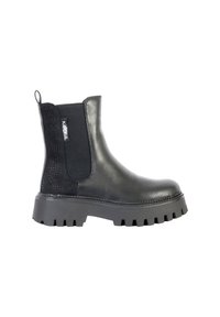 Botas Chelsea negras con parte superior de cuero liso, paneles laterales texturizados, suela de goma gruesa y tirador para un fácil calzado.