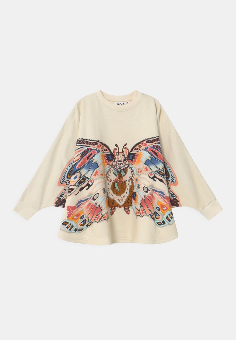 Sweatshirt surdimensionné crème avec un graphisme de papillon coloré présentant des détails et des motifs complexes sur les ailes. Manches longues, col rond.