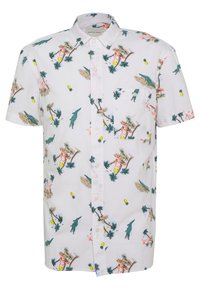 Biała koszula z krótkim rękawem w tropikalny wzór z palmami, krokodylami, flamingami i deskami surfingowymi. Styl zapinany na guziki z kieszonką.