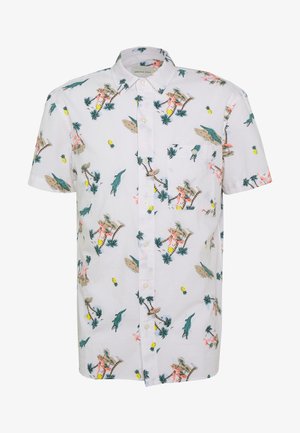 Korte mouwen witte shirt met een tropisch patroon van palmbomen, krokodillen, flamingo's en surfplanken. Knop-down stijl met een zak.