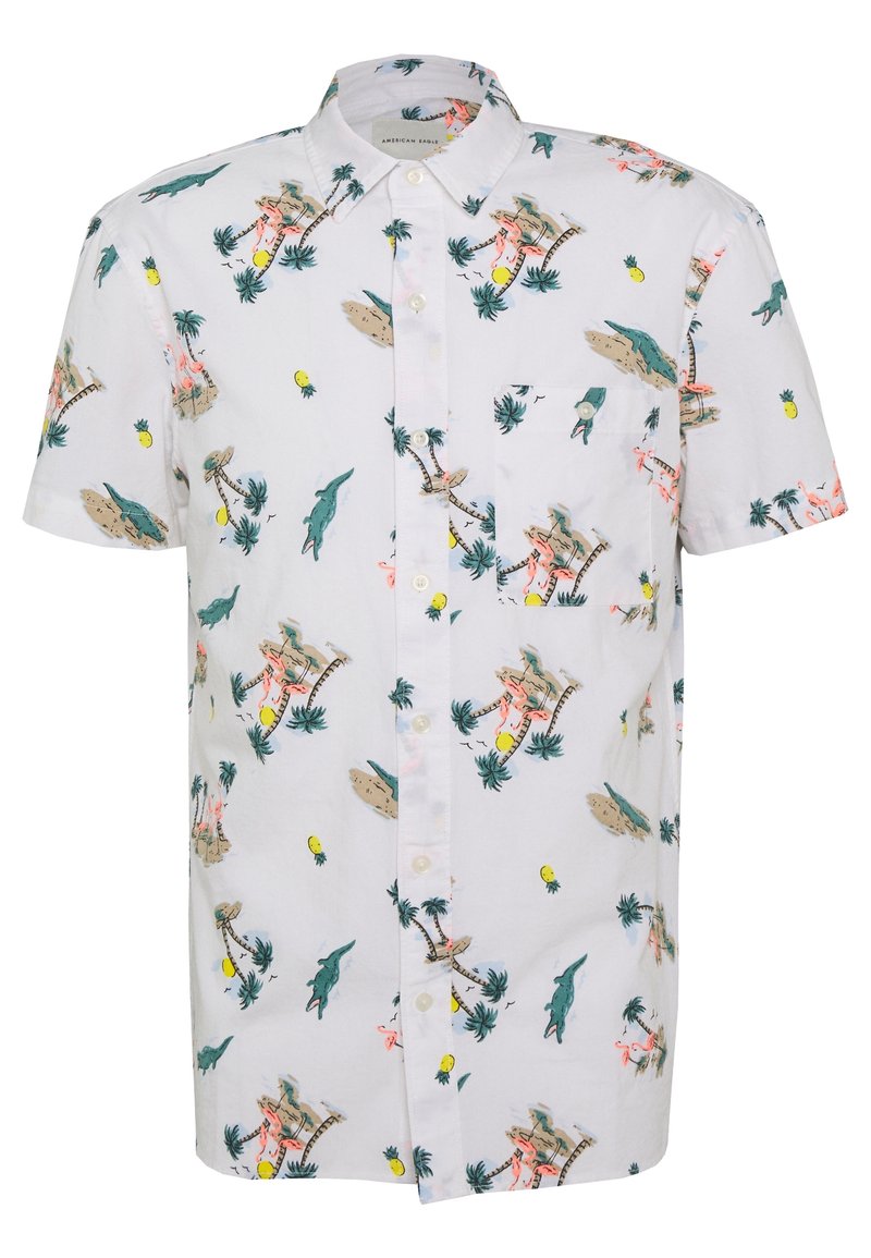 Biała koszula z krótkim rękawem w tropikalny wzór z palmami, krokodylami, flamingami i deskami surfingowymi. Styl zapinany na guziki z kieszonką.