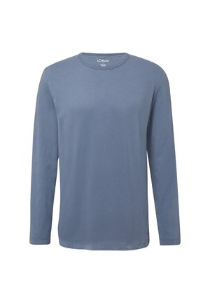 T-shirt à manches longues col rond en bleu atténué, fabriqué en coton doux. Présente un design simple sans motifs ni accents.