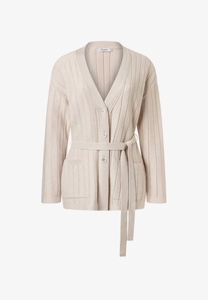 Jasnobeżowy dzianinowy kardigan z pionowymi paskami z oczkami, trzema guzikami, przednimi kieszeniami oraz dopasowanym paskiem zawiązanym w talii.