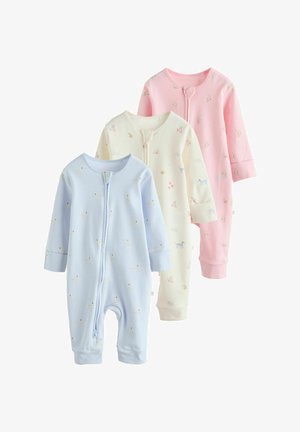 Drie babyrompertjes in blauw, geel en roze. Gemaakt van zacht stof met lange mouwen, voorzien van dieren- en bloemenprints en ritsafsluitingen.