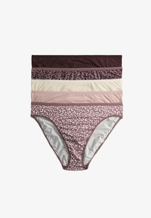 Cinq culottes taille haute pour femmes en marron foncé uni, mauve imprimé léopard, crème, rose clair et mauve avec imprimé léopard blanc.
