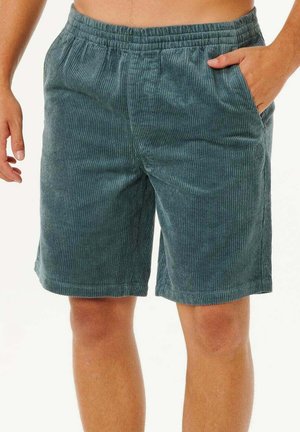 Corduroy shorts in a teal color with an elastic waistband, side pockets, and a textured ribbed surface.