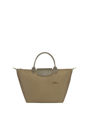 Olive green nylon tote bag with textured leather accents, dual top handles, zip closure, and subtle logo detailing on the front.