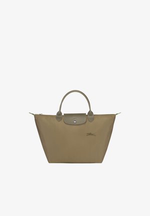 Olivengrüne Nylon-Tasche mit strukturierten Lederakzenten, zwei oberen Griffen, Reißverschluss und dezenten Logo-Details auf der Vorderseite.