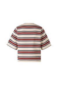 Striped short-sleeve cotton top in cream, featuring horizontal stripes in red and navy. Boxy design with a crew neck and relaxed fit.