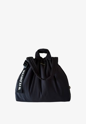 Black padded shoulder bag with dual handles and a strap showing the white "WILDRIDE" logo on a plain white background.