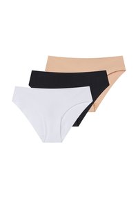 Tre paia di mutandine da donna nei colori bianco, nero e nudo. Realizzate in tessuto morbido con un design a vita media e senza cuciture visibili.