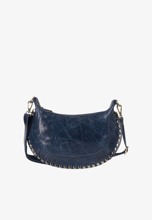 Blue leather crescent-shaped shoulder bag with gold studs along edges and an adjustable strap with clasp hooks.