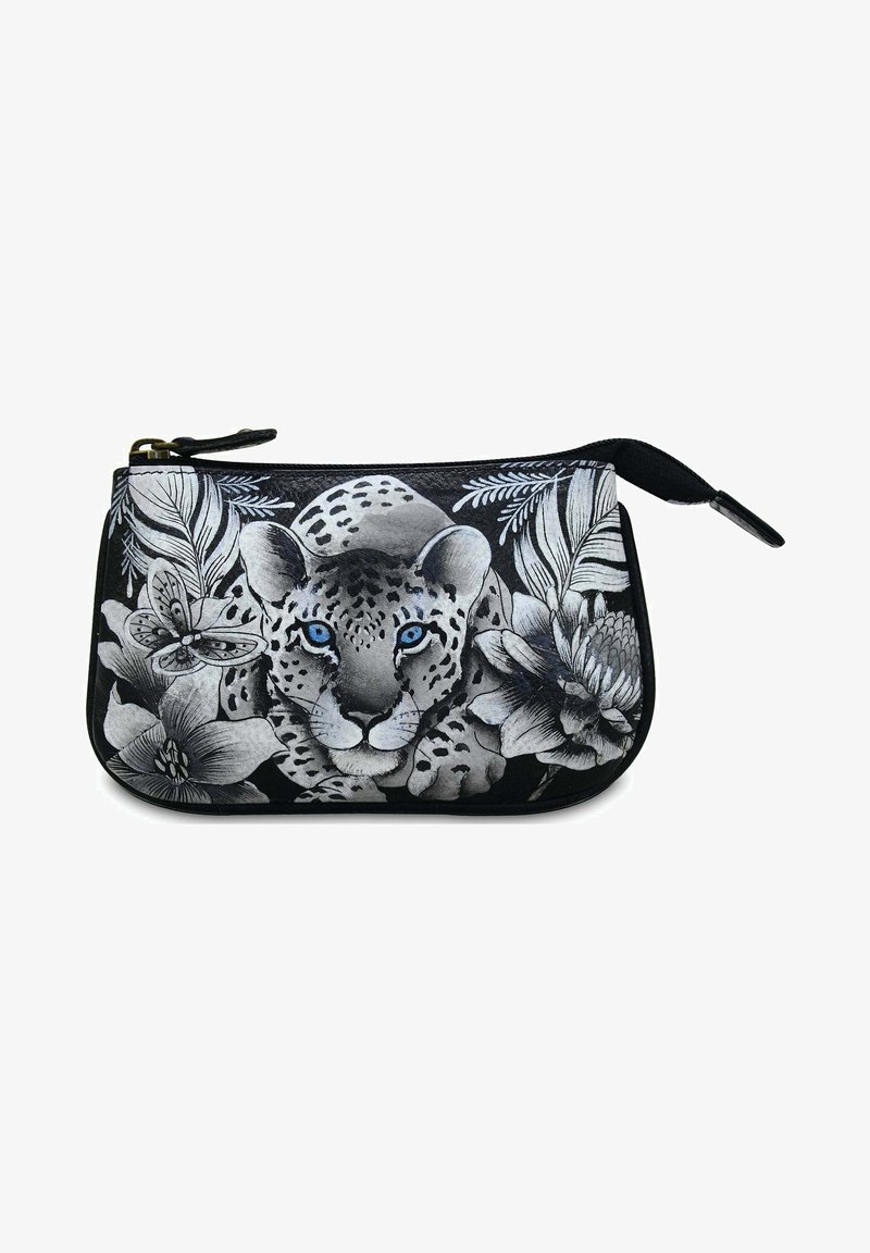 Zwarte ritsetui met een gedetailleerd zwart-wit luipaardgezicht omringd door bloemen en bladeren; gladde textuur met levendige blauwe ogen.