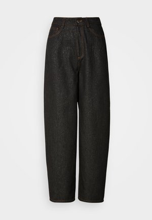 Pantalons en denim noir au fit ample, avec une taille haute, des coutures orange et deux poches avant. Tissu texturé avec un subtil scintillement.