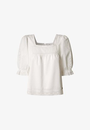 Blouse en coton blanc avec un décolleté carré, des manches bouffantes et des accents en dentelle. Présente un design plissé sur le devant et une finition en dentelle à l'ourlet.