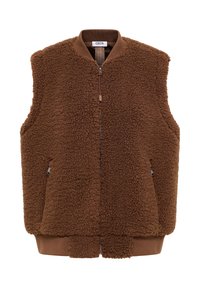 Brown fleece vest with a bomber-style design, zip closure, side pockets, and ribbed hem and armholes. Soft texture with a fluffy appearance.