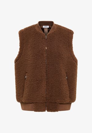 Braune Fleece-Weste im Bomber-Stil mit Reißverschluss, seitlichen Taschen und geripptem Saum sowie Armlöchern. Weiche Textur mit flauschigem Aussehen.