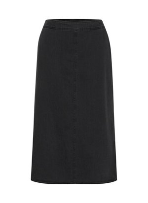 Fekete farmer A-vonalú szoknya sima textúrával, térd hosszúságú, egyenes szegéllyel és minimális varrás részletekkel.