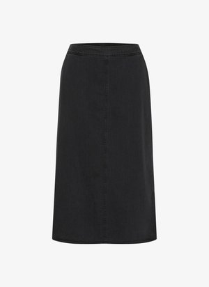 Sort denim A-linje nederdel med en glat tekstur, knælang, med lige kant og minimal sømdetaljering.