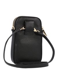 Borsa crossbody per telefono in pelle nera con superficie texture, hardware dorato e tracolla rimovibile. Dotata di chiusura con zip nella parte superiore.