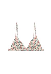 Bralette en forma de triángulo con un fondo crema y un patrón de plumas multicolor en rosa, verde y azul, con tirantes delgados y un acabado suave.