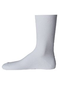 Weißer Baumwollsocken mit gerippter Textur, mittellange Wade, glatte Zehennaht und ohne Muster oder zusätzliche Akzente.
