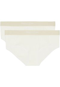Due coppie di mutandine da donna in tessuto avorio con cintura elastica beige, caratterizzate dal logo "Marc O’Polo" in grigio chiaro.