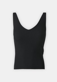 Svart ribbad tanktop med en djup V-ringning, utan ärmar och en figurnära silhuett som visar upp en mjuk textur.
