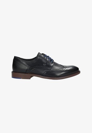 Zwarte leren dress shoe met een brogue-design, geperforeerde details, blauwe veters en een bruine zool met een blauwe accent. Klassieke en gestructureerde vorm.