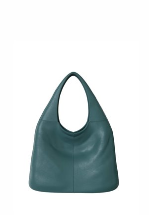 Teal leather shoulder bag with a rounded triangular handle and a smooth, minimalist design on a white background.
