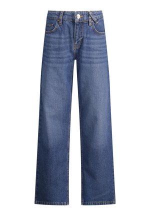 Jeans bleu à jambes larges en denim. Comprend cinq poches, une fermeture à bouton à l'avant et un léger effet de décoloration verticale sur le tissu.