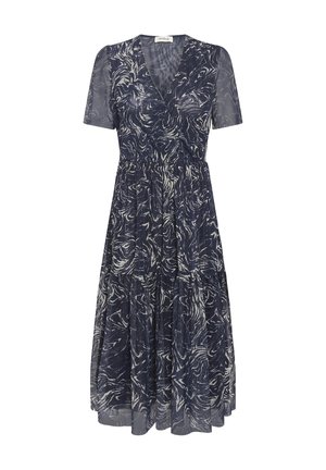 Robe bleu marine avec un décolleté en V, des manches courtes en tulle, et une jupe à volants. Présente un motif abstrait blanc sur l'ensemble. Tissu léger.