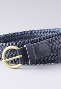 Woven black leather belt with a round gold-tone metal buckle; features a textured surface and a smooth leather accent near the buckle.