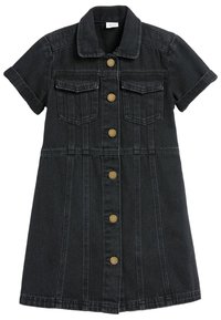 Denim-mekko tummassa pesussa, lyhyillä hihoilla, kauluksella ja kahdella rintataskulla. Varustettu kultapronssin värisillä nappeilla ja pystysaumadetaileilla.