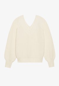 Cream-colored knitted sweater featuring a deep V-neck, loose balloon sleeves, and ribbed cuffs and hem for a textured finish.