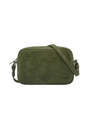 Green suede crossbody bag with a rectangular shape, zip closure, and adjustable strap. Features subtle branding on the front.