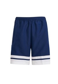 Shorts sportivi blu navy realizzati in tessuto leggero, con un elastico in vita, tasche laterali e strisce bianche nei bordi.