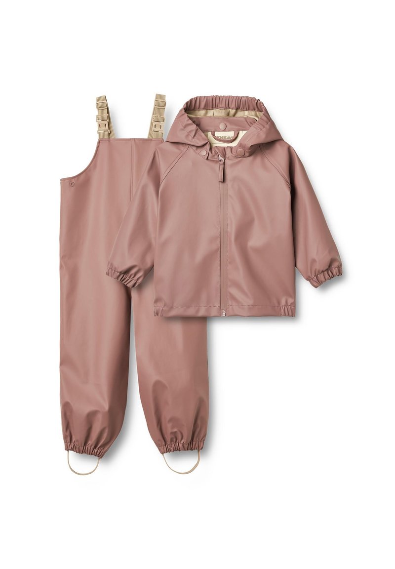 Vandtæt regnjakke og overalls til børn, pink, lavet af glat vinyl, med elastiske mansjetter og justerbare stropper.