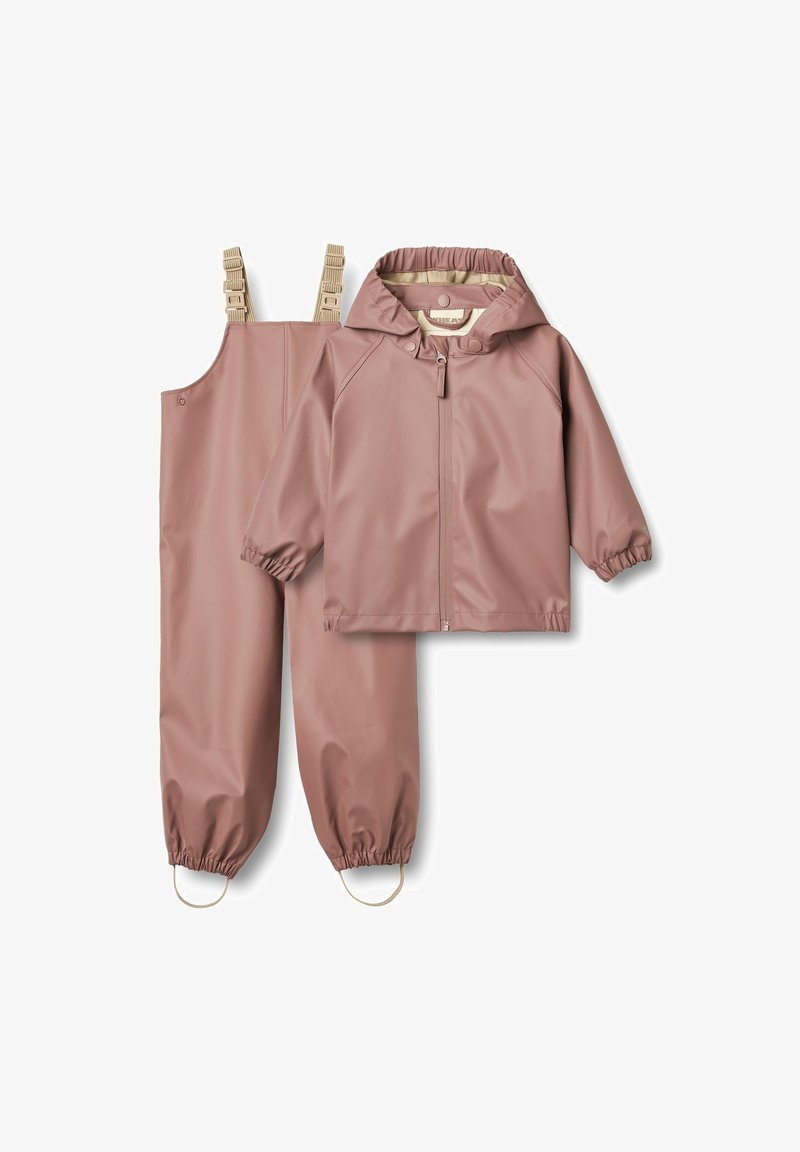 Vandtæt regnjakke og overalls til børn, pink, lavet af glat vinyl, med elastiske mansjetter og justerbare stropper.