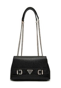 Borsa nera texture con una forma strutturata, manici a catena argentei e dettagli metallici. Presenta un logo sul davanti e fibbie decorative.