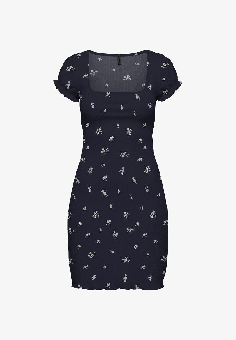 Robe bleu marine à manches courtes avec petit imprimé floral blanc, encolure carrée et silhouette ajustée.